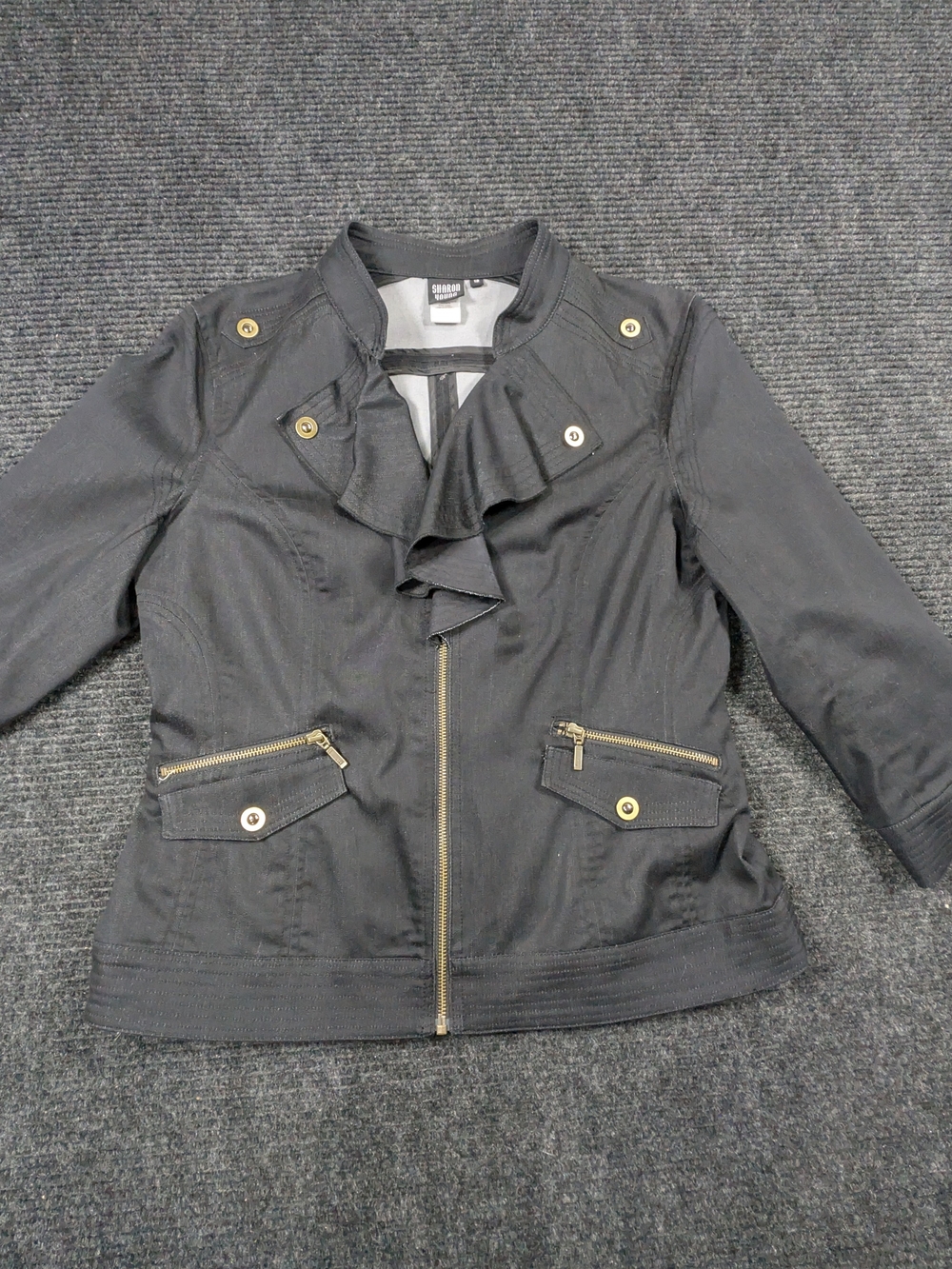 Sharon Young Black Ruffle-Front Jacket with Gold Hardware